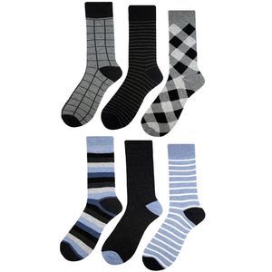 Mens Argyle & Striped Print 6-Pack Blue Black Gray Crew Socks